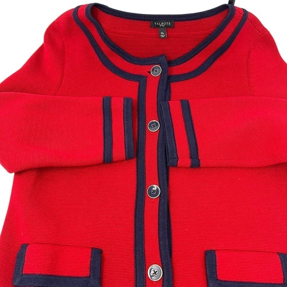 Talbots Cardigan Sweater Red Navy Trim 3/4 Sleeve Pockets Heavy Knit Size Med P - Picture 11 of 12